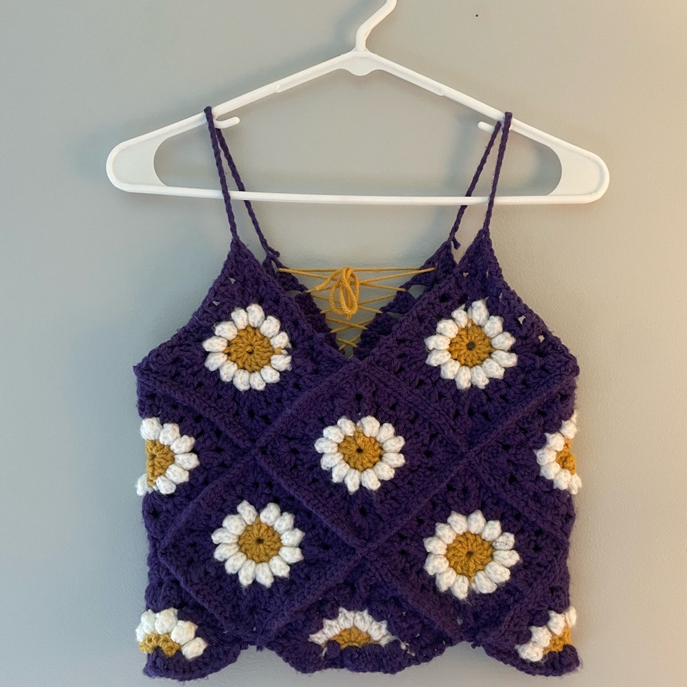 Handmade Crochet Daisy Top - Purple and White